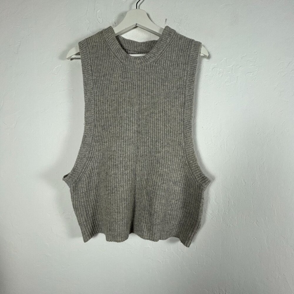 Ichi Womens Ribbed Sleeveless Knit Sweater Vest Wool Blend Grey Pullover Casual
